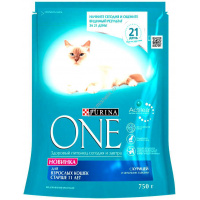 Фото товара - PURINA ONE "Adult" сухой 750 гр для Кошек старше 11 лет Курица Злаки 1х8