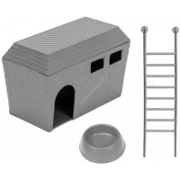 Фото товара - HOMEPET 15 см х 8,5 см х 10 см домик для грызунов в комплекте миска и лесенка пластиковый серый 1х40