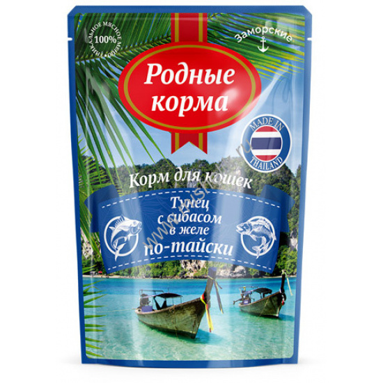 Большое фото товара - РОДНЫЕ КОРМА 70 г заморские паучи для кошек тунец с сибасом в желе по-тайски 1х24, 81387. Вариант №1