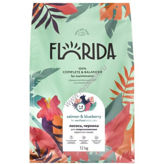 Большое фото товара - АКЦИЯ 7% FLORIDA 12 кг сухой корм для взрослых стерилизованных кошек с лососем и черникой, 84426. Вариант №1