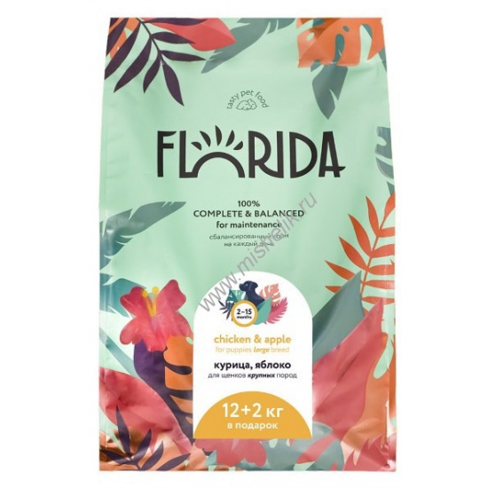 Большое фото товара - АКЦИЯ 7% FLORIDA 14 кг сухой корм для щенков крупных пород с курицей и яблоком 12+2, 84441. Вариант №1