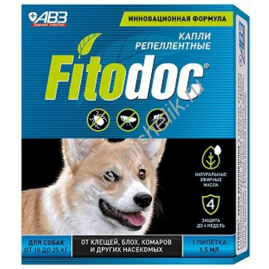Большое фото товара - АВЗ FITODOC 1 пипетка по 1.5 мл капли репеллентные для собак от 10 кг до 25 кг от клещей, блох, комаров и других насекомых 1х60, 86560. Вариант №1