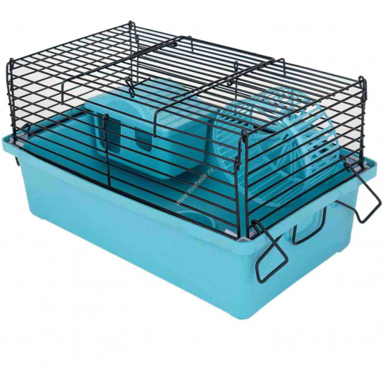 Большое фото товара - HOMEPET 28 см х 17 см х 18 см шаг прута 9,5 мм клетка-мини для мелких грызунов с наполнением домик, миска, колесо бирюзовая, 87982. Вариант №1