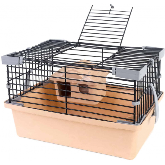 Большое фото товара - HOMEPET 28 см х 17 см х 16,4 см шаг прута 9,5 мм клетка-мини для мелких грызунов с наполнением домик, миска бежевая, 89202. Вариант №1